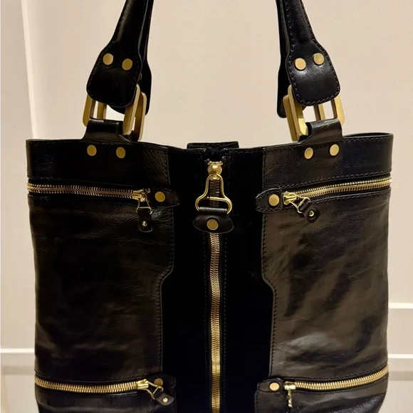 Jimmy Choo Black and Gold Leather Tote - Picture 2 of 8